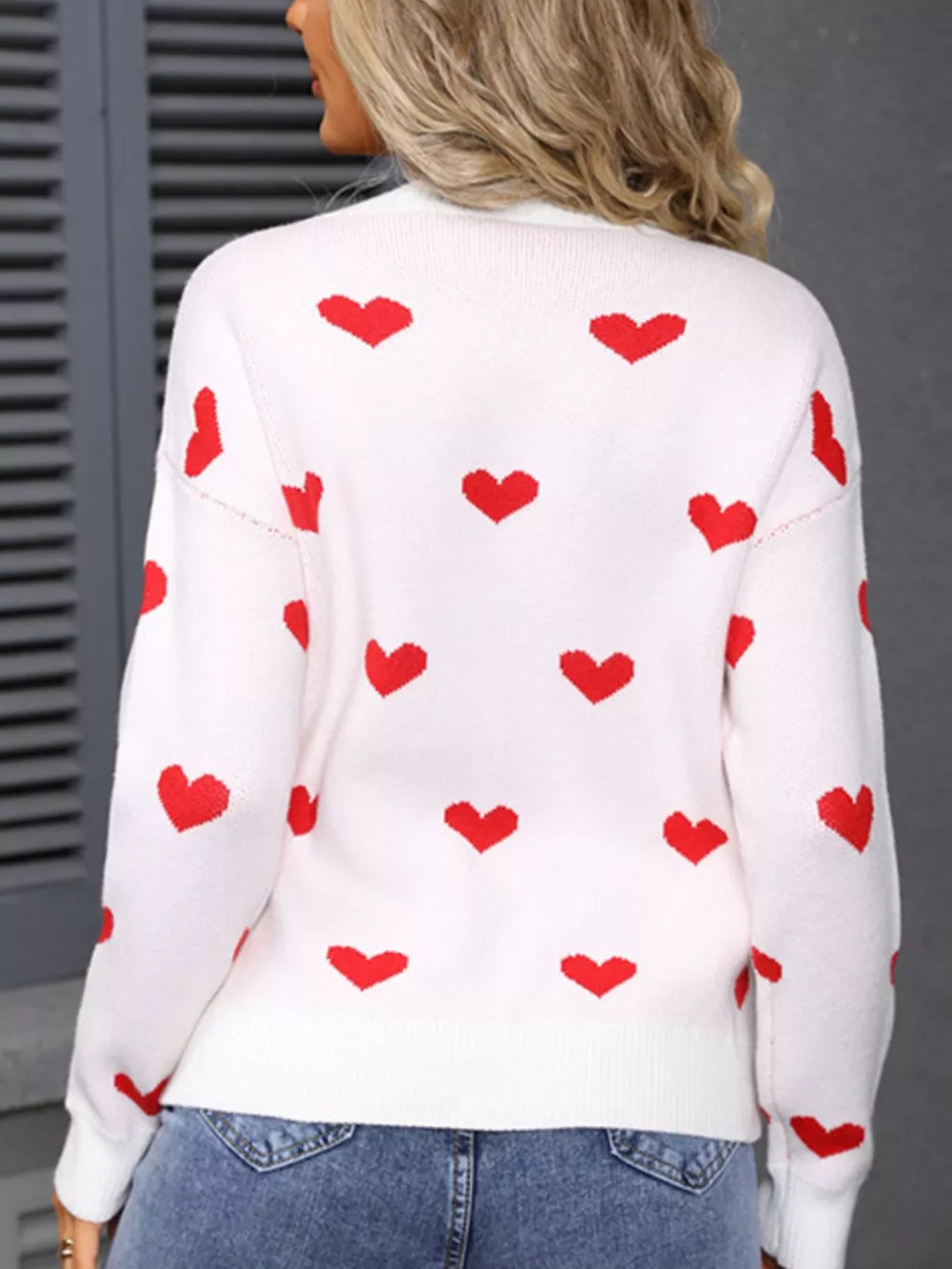 Valentine's Day Heart Pattern Dropped Shoulder Sweater, image 6