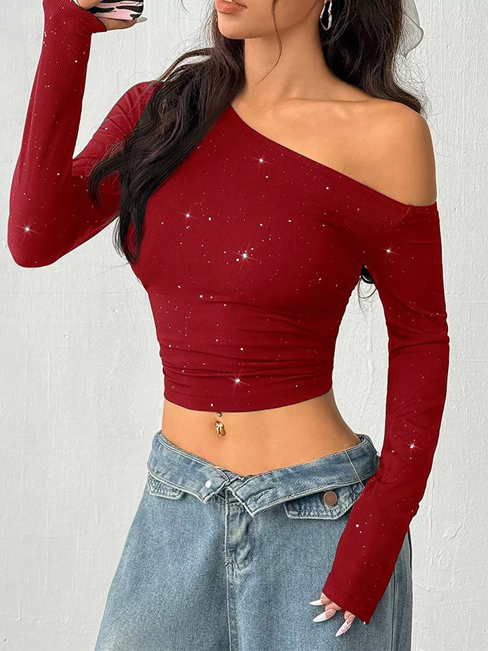 Glitter One-Shoulder Long Sleeve Crop T-Shirt, image 6