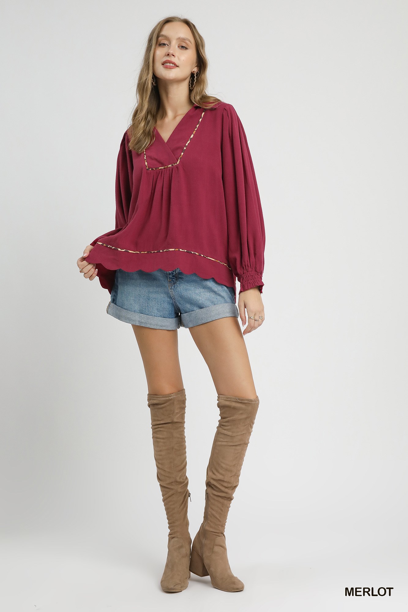 Full Size Linen Scallop Hem Blouse with Contrast Trim Plus Size, image 4