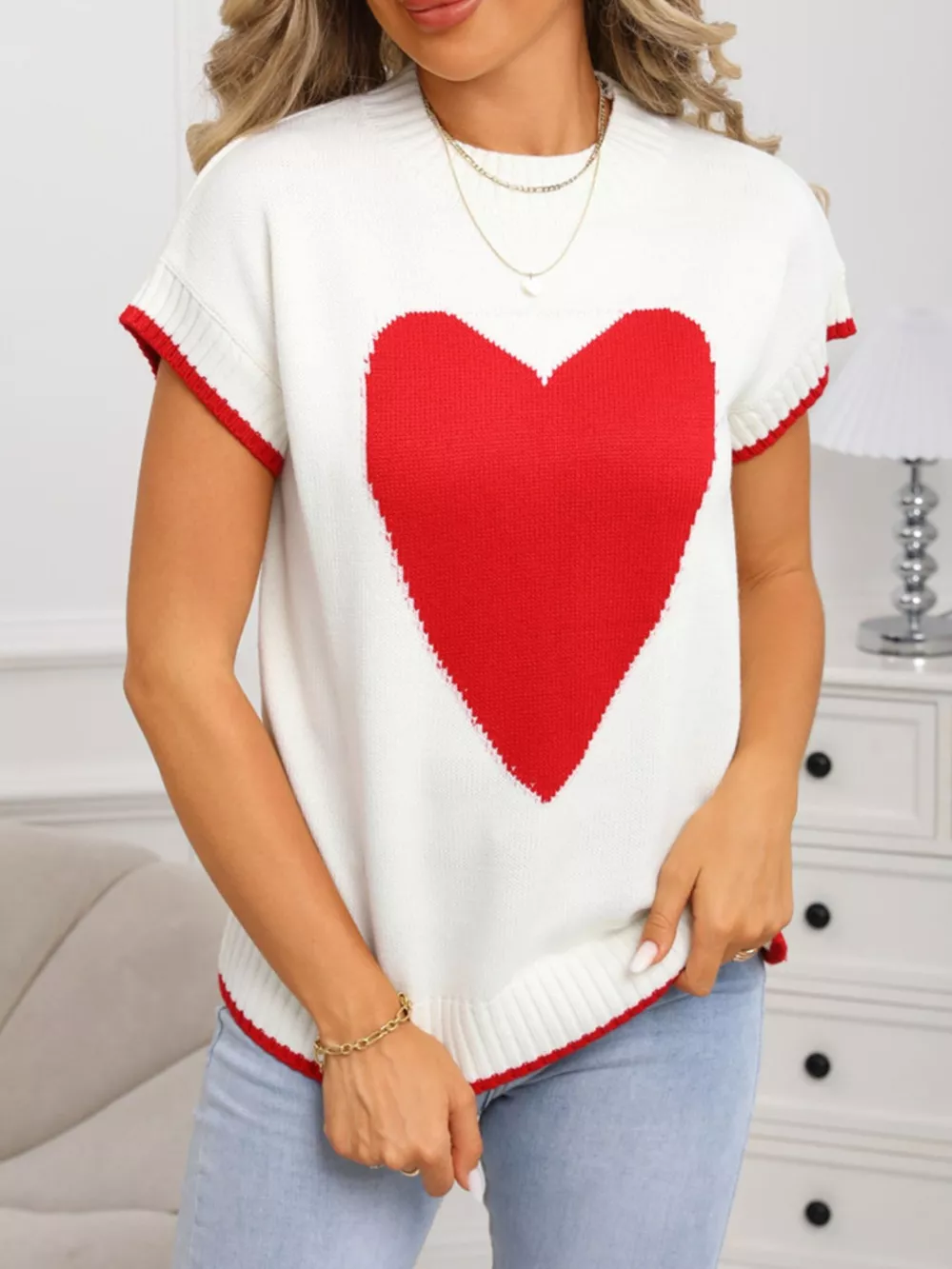 Valentine's Day Heart Graphic Short Sleeve Sweater, image 5
