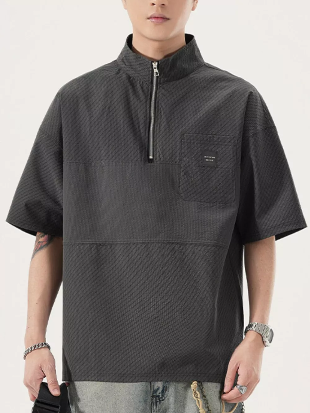 Men's Full Size Half-Zip Textured Oversized T-Shirt Plus Size, image 6