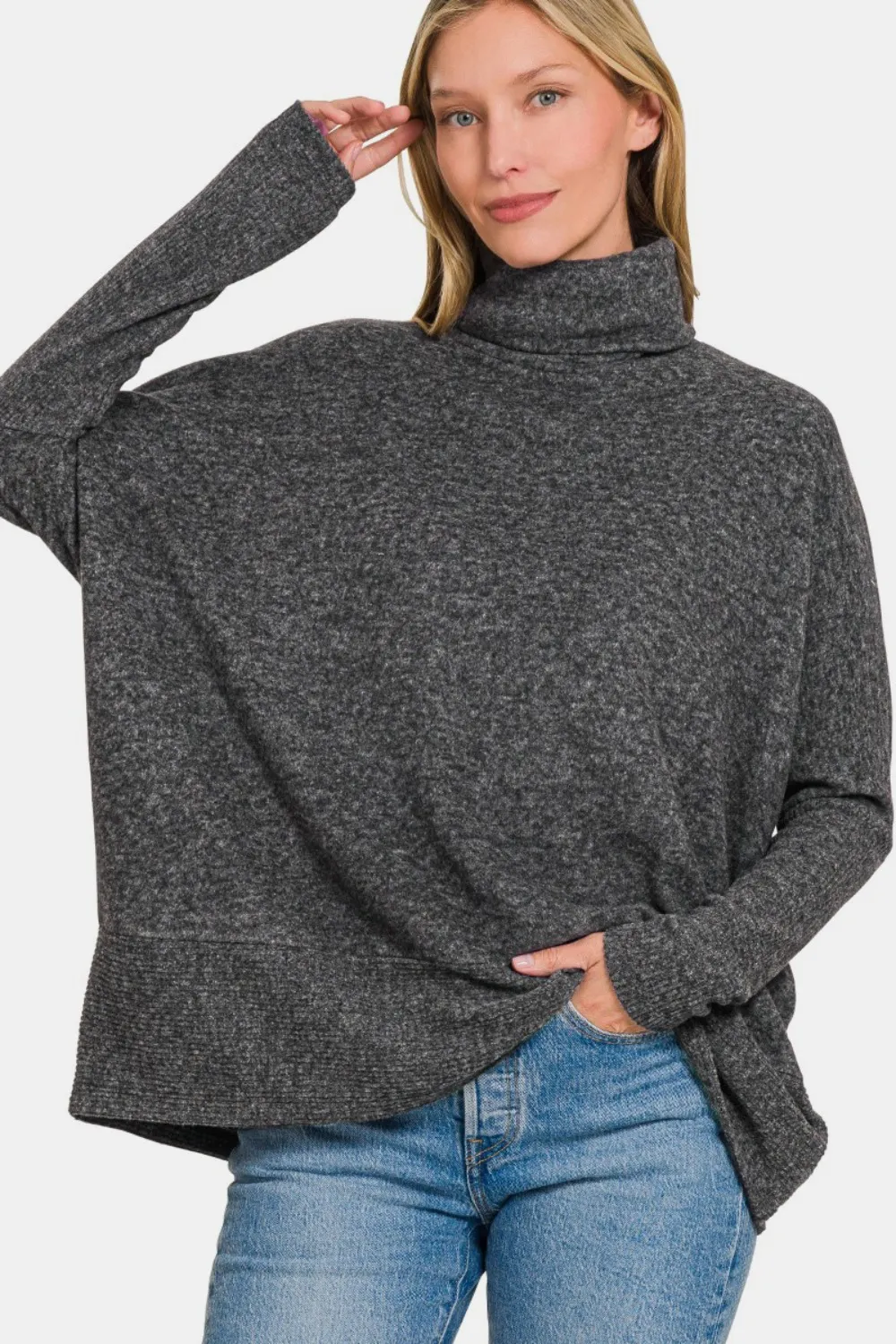 Full Size Brushed Melange Hacci Turtleneck Sweater, image 3