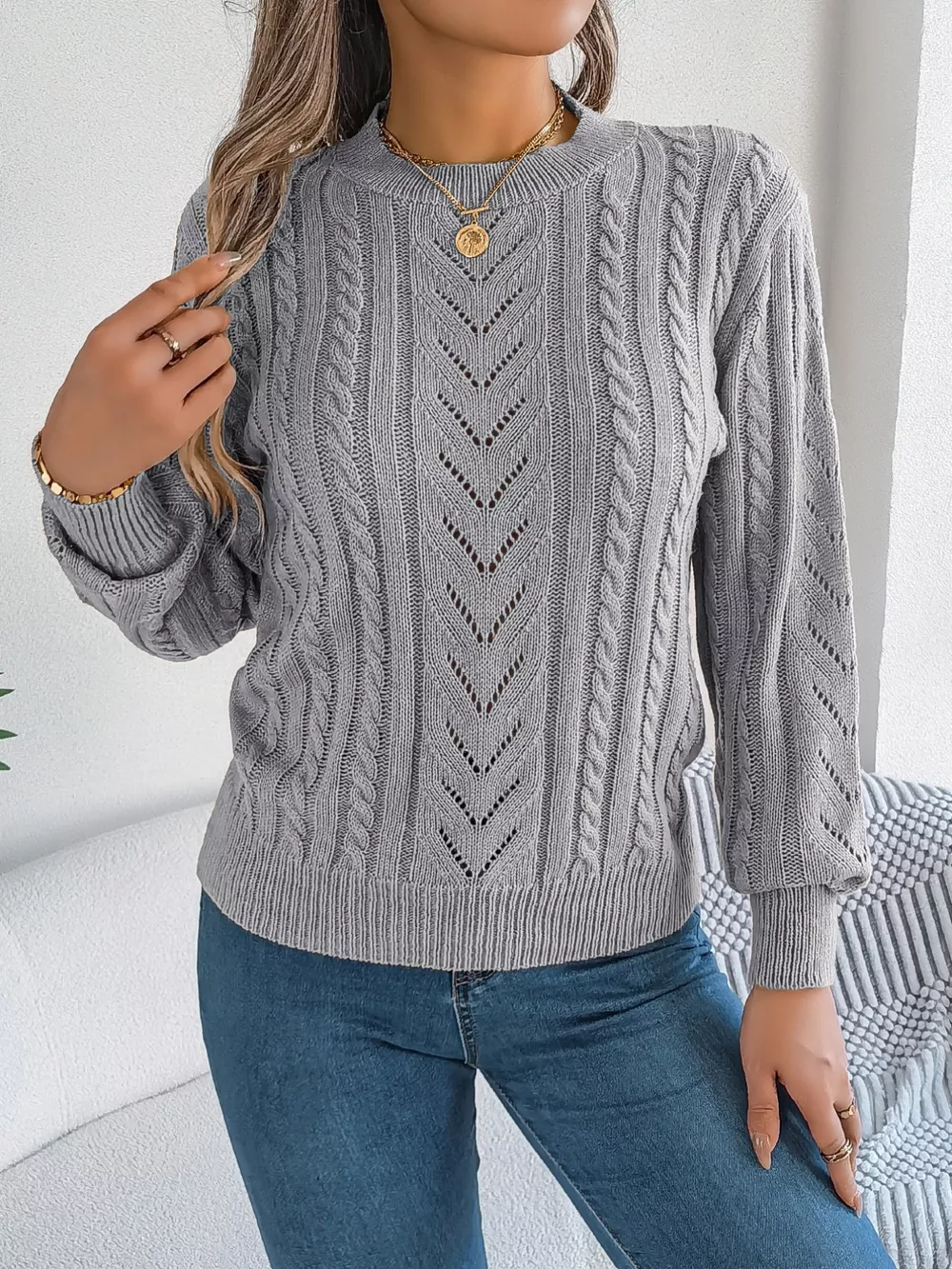 Cable-Knit Round Neck Sweater, image 14