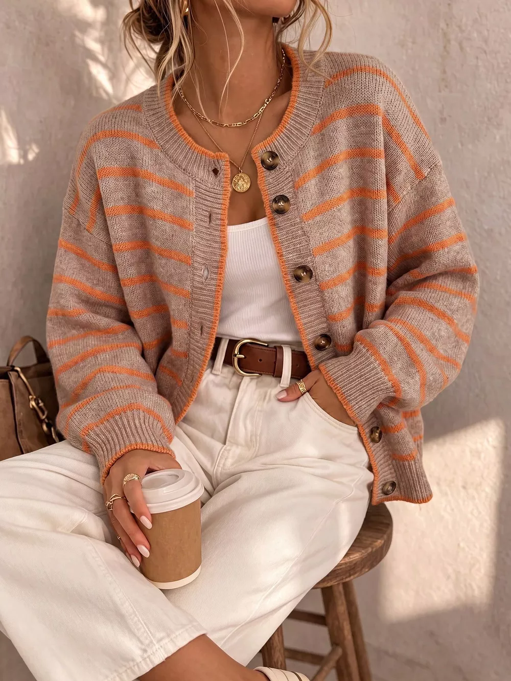 Striped Button-Down Knit Cardigan, image 7