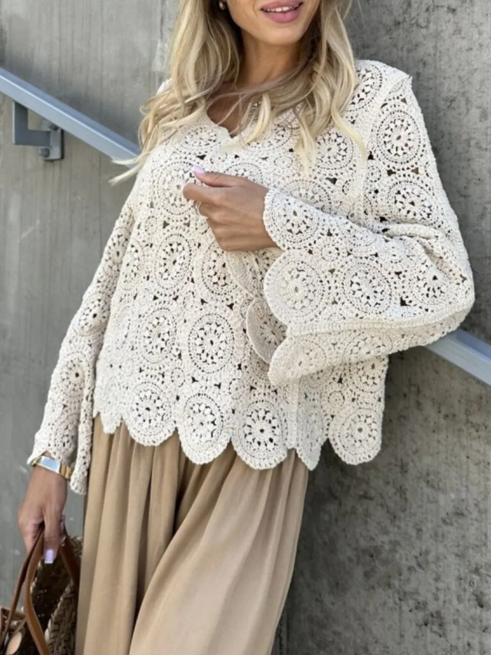Crochet Lace V-Neck Bell Sleeve Knit Top, image 6