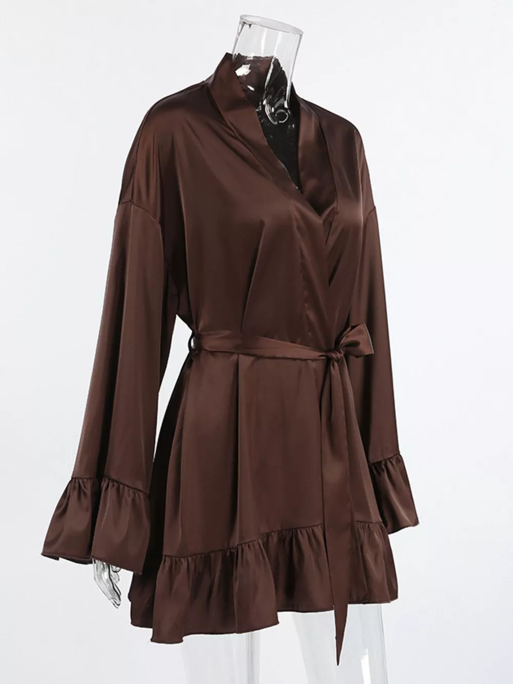 Satin Ruffle-Trim Lounge Nightgown Robe, image 8