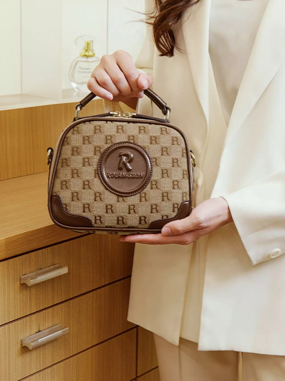 Monogram Pattern Crossbody Handbag with Top Handle, image 5
