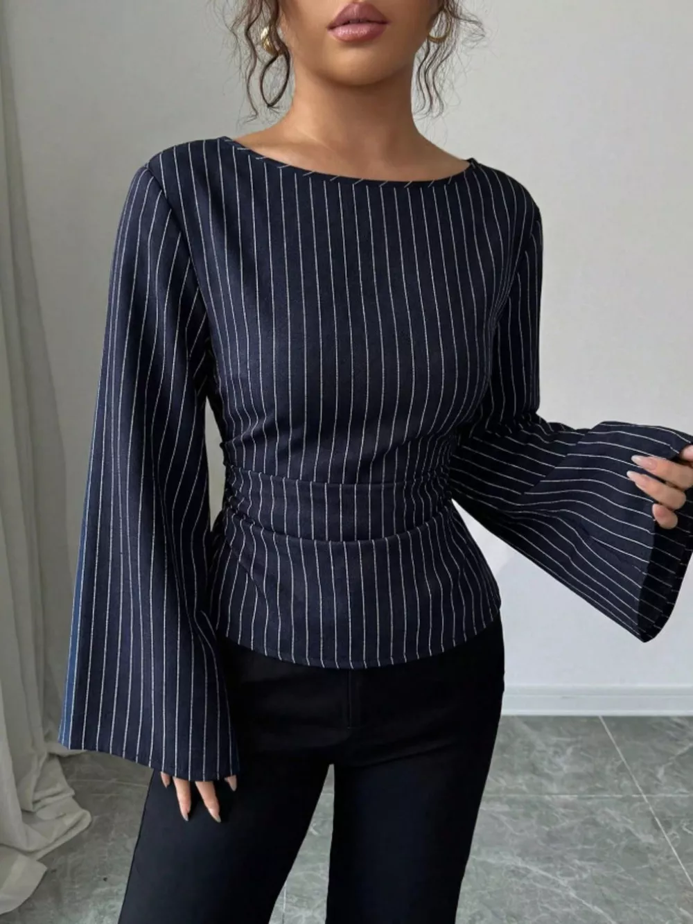 Elegant Pinstriped Bell Sleeve Blouse with Back Lace Up, image 11