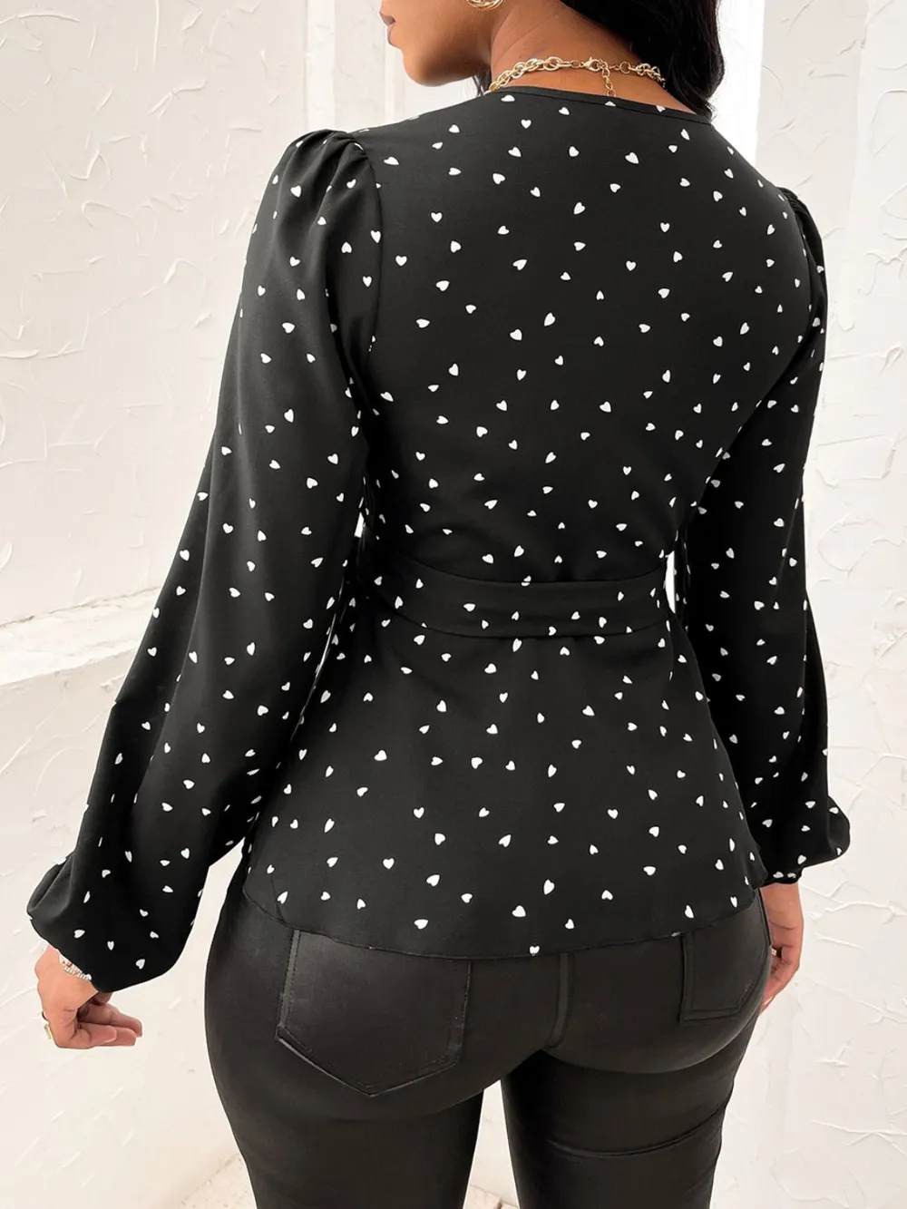 Heart Print Surplice Balloon Sleeve Blouse, image 5