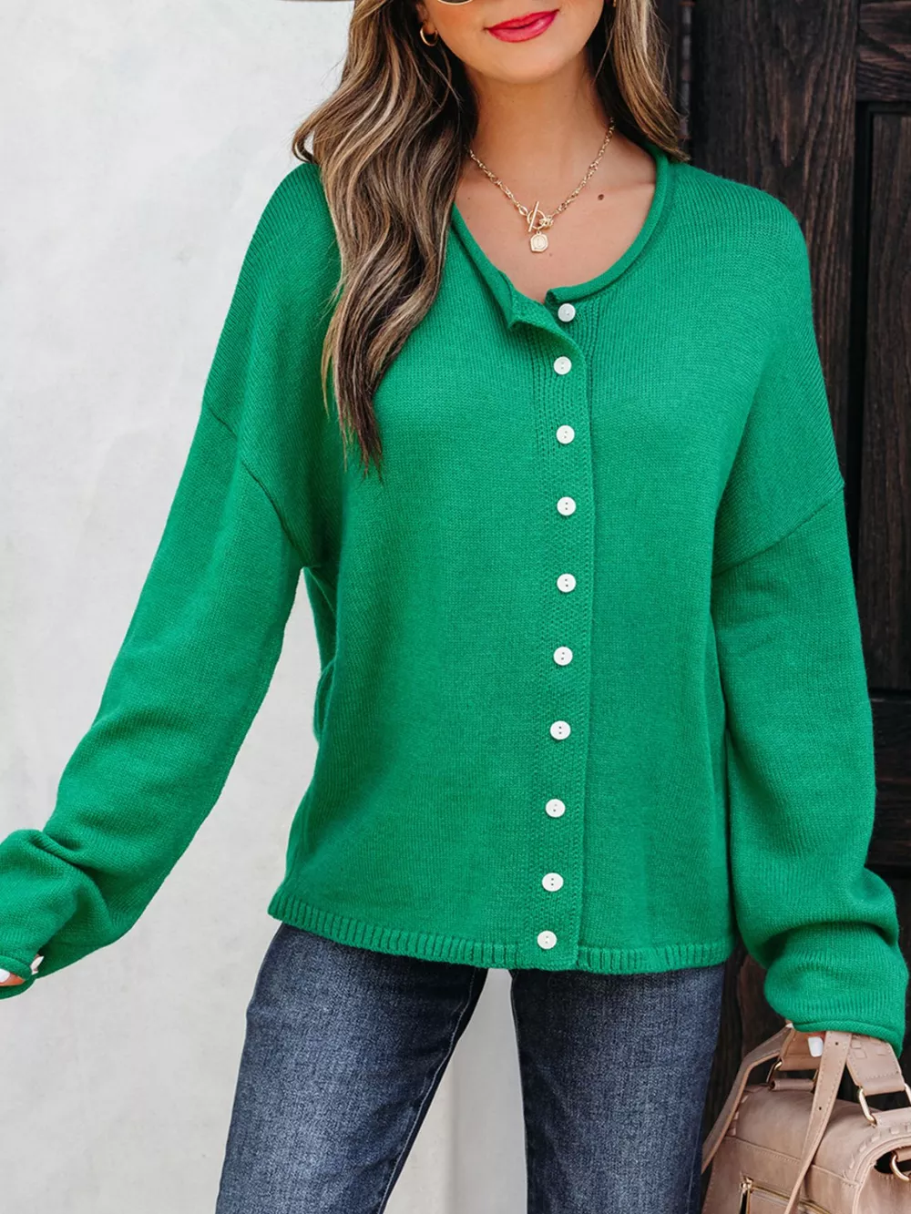 Solid Color Knit Button Drop Shoulder Sweater Cardigan, image 3