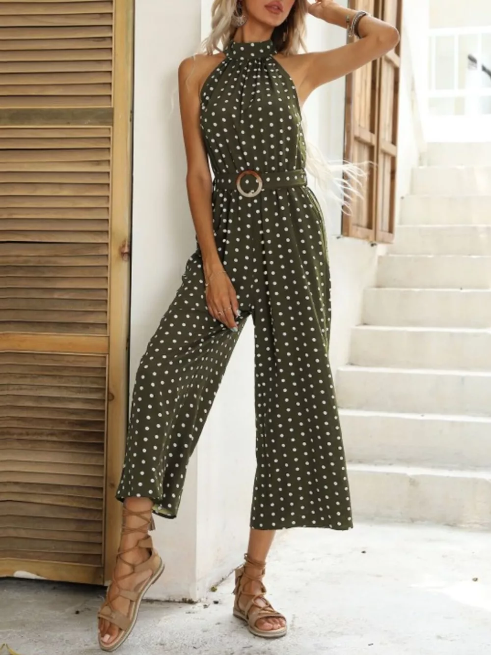 Polka Dot Halter Neck Wide Leg Jumpsuit, image 4