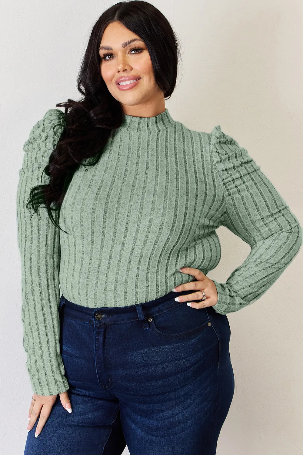 Full Size Ribbed Mock Neck Puff Sleeve T-Shirt, image 13