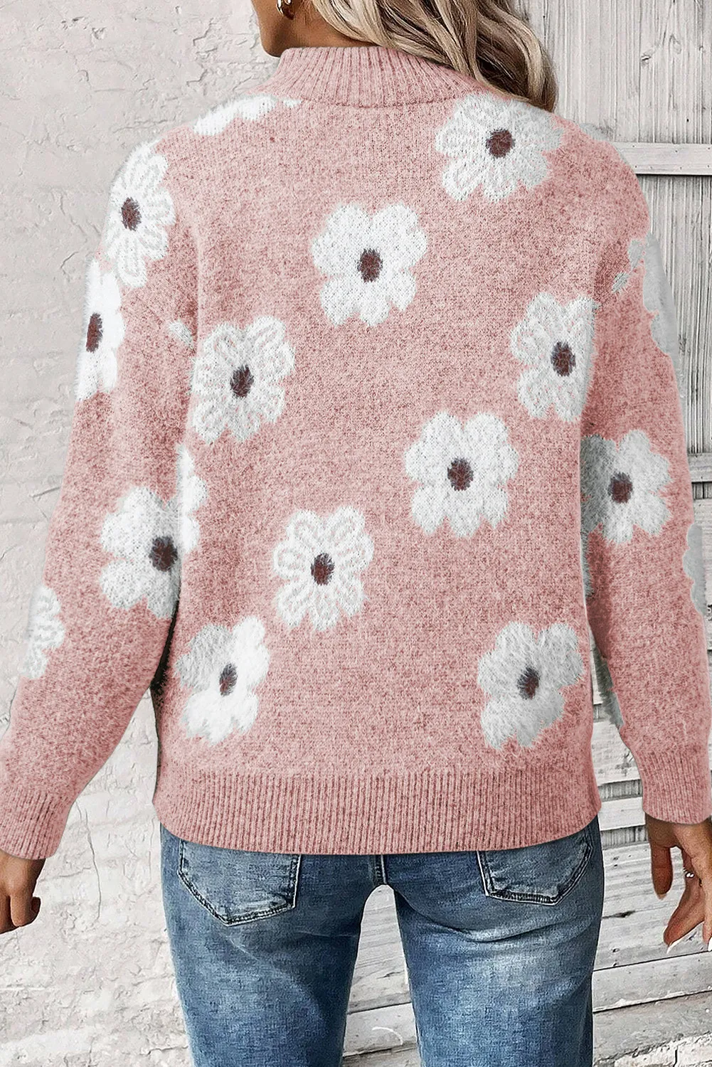 Flower Half Zip Long Sleeve Sweater, image 4