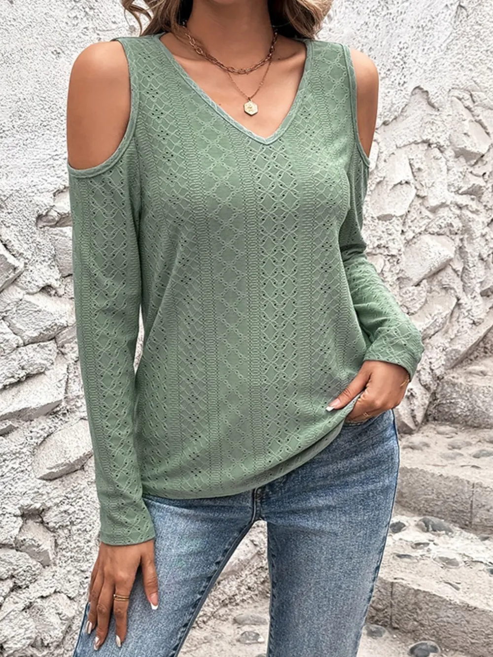 Full Size Eyelet V-Neck Cold Shoulder T-Shirt, image 3