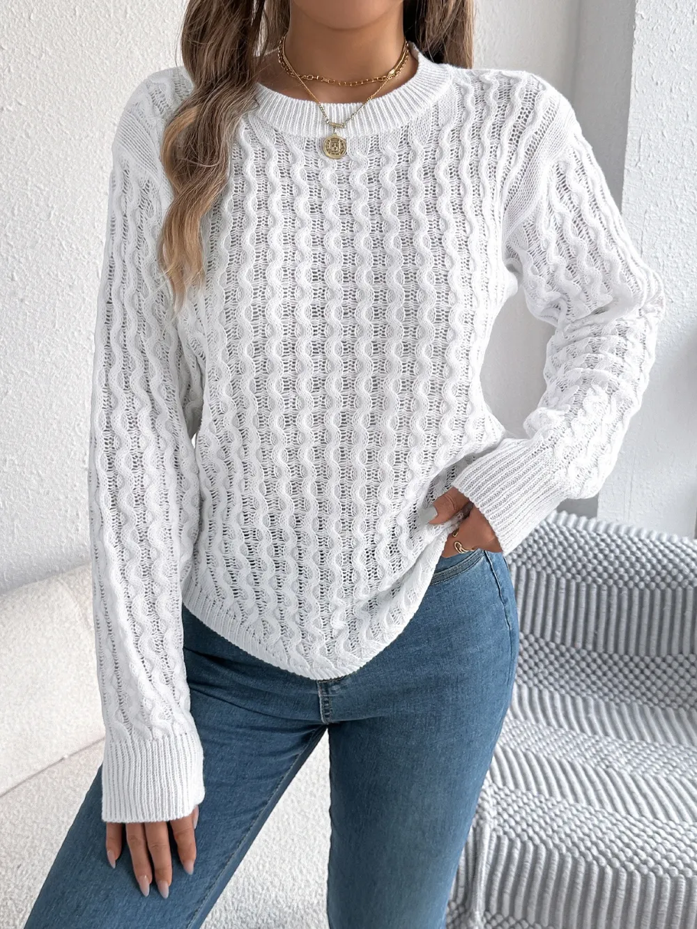 Asymmetric Hem Round Neck Long Sleeve Sweater, image 16