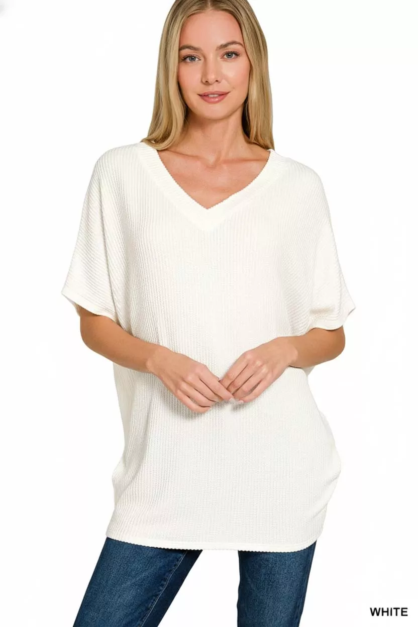 Raised Rib V-Neck Batwing Top, image 2