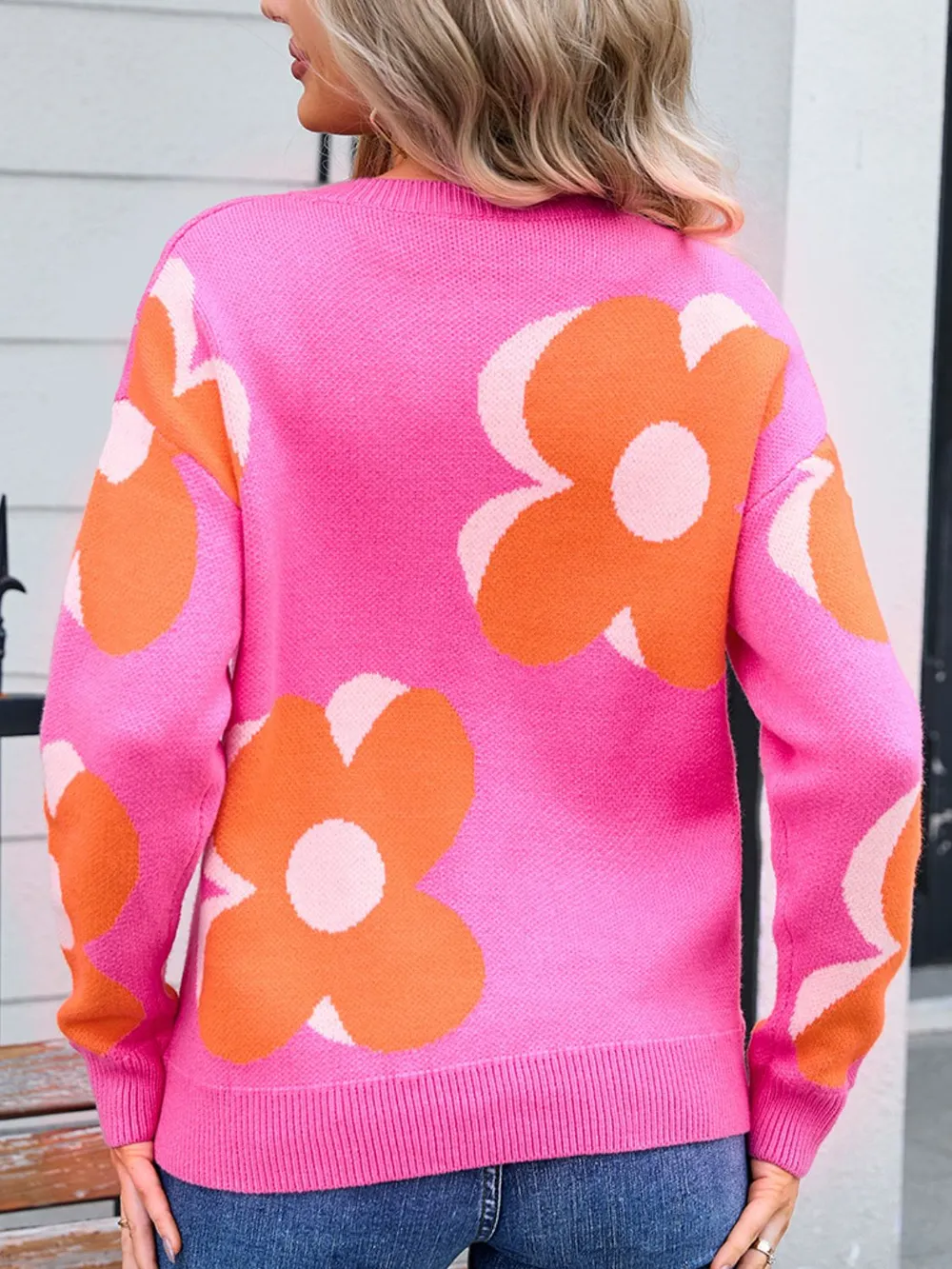 Flower Round Neck Long Sleeve Sweater, image 5