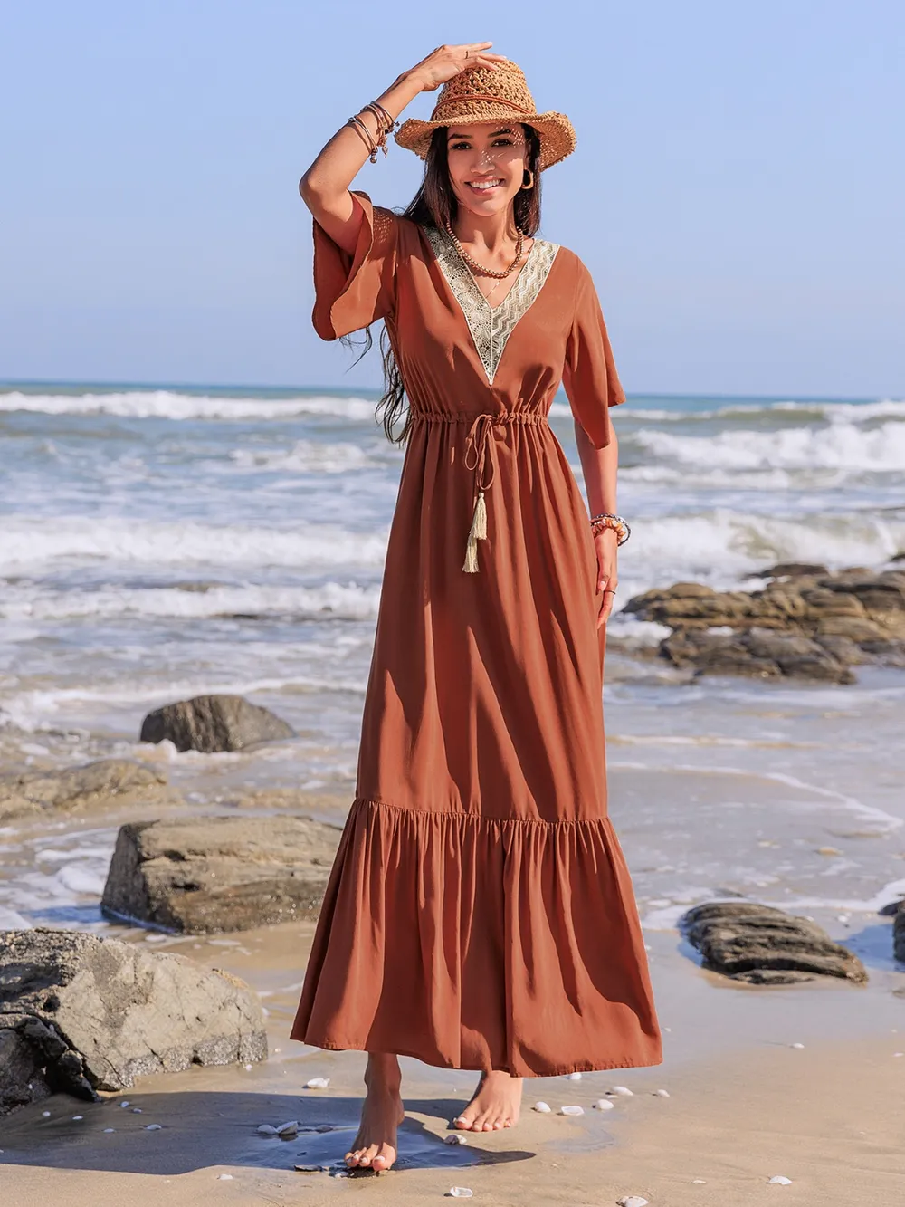 Ruffled Tassel V-Neck Flutter Sleeve Dress, image 4