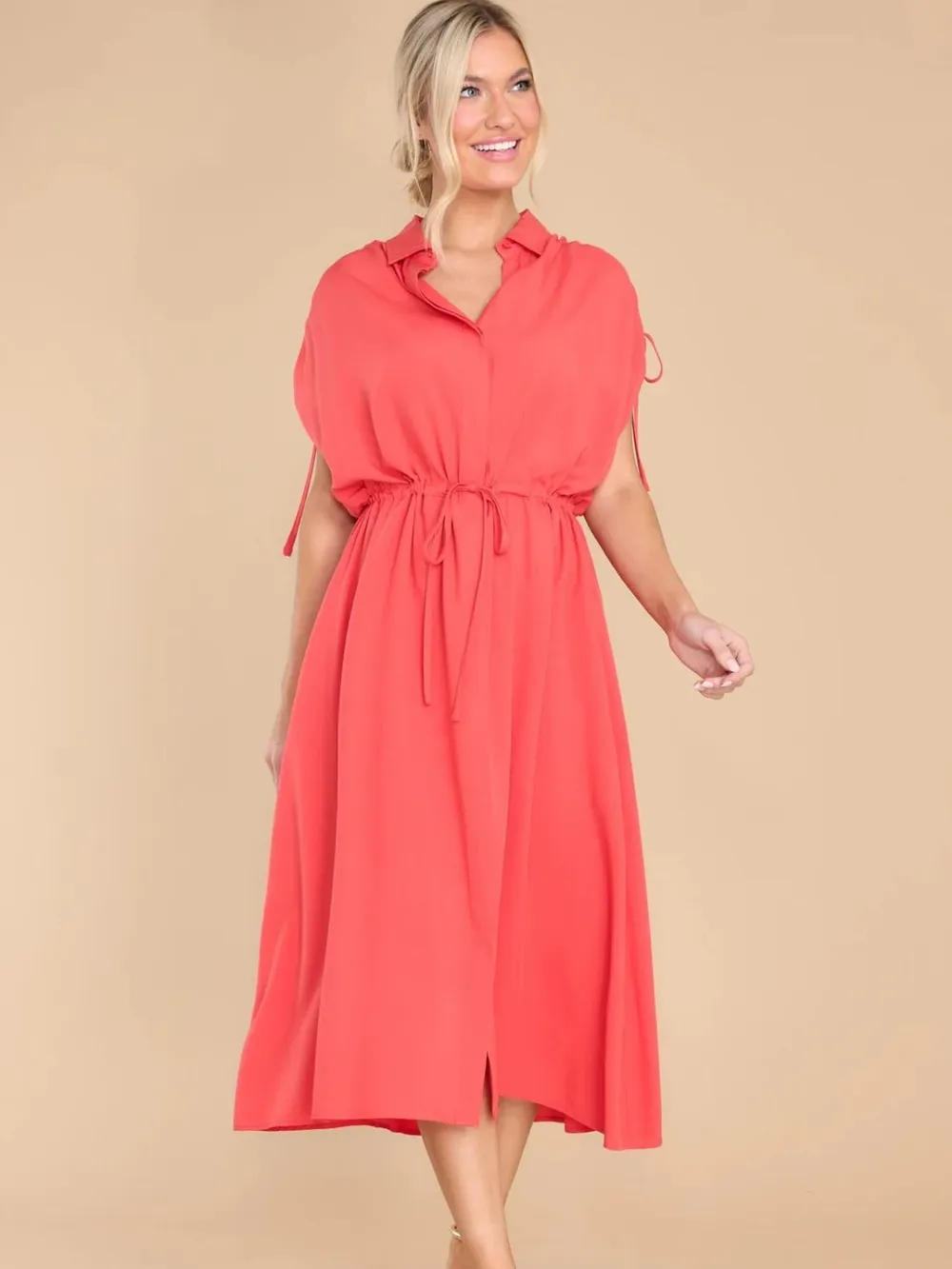 Drawstring Collared Neck Short Sleeve Midi Dress, image 7