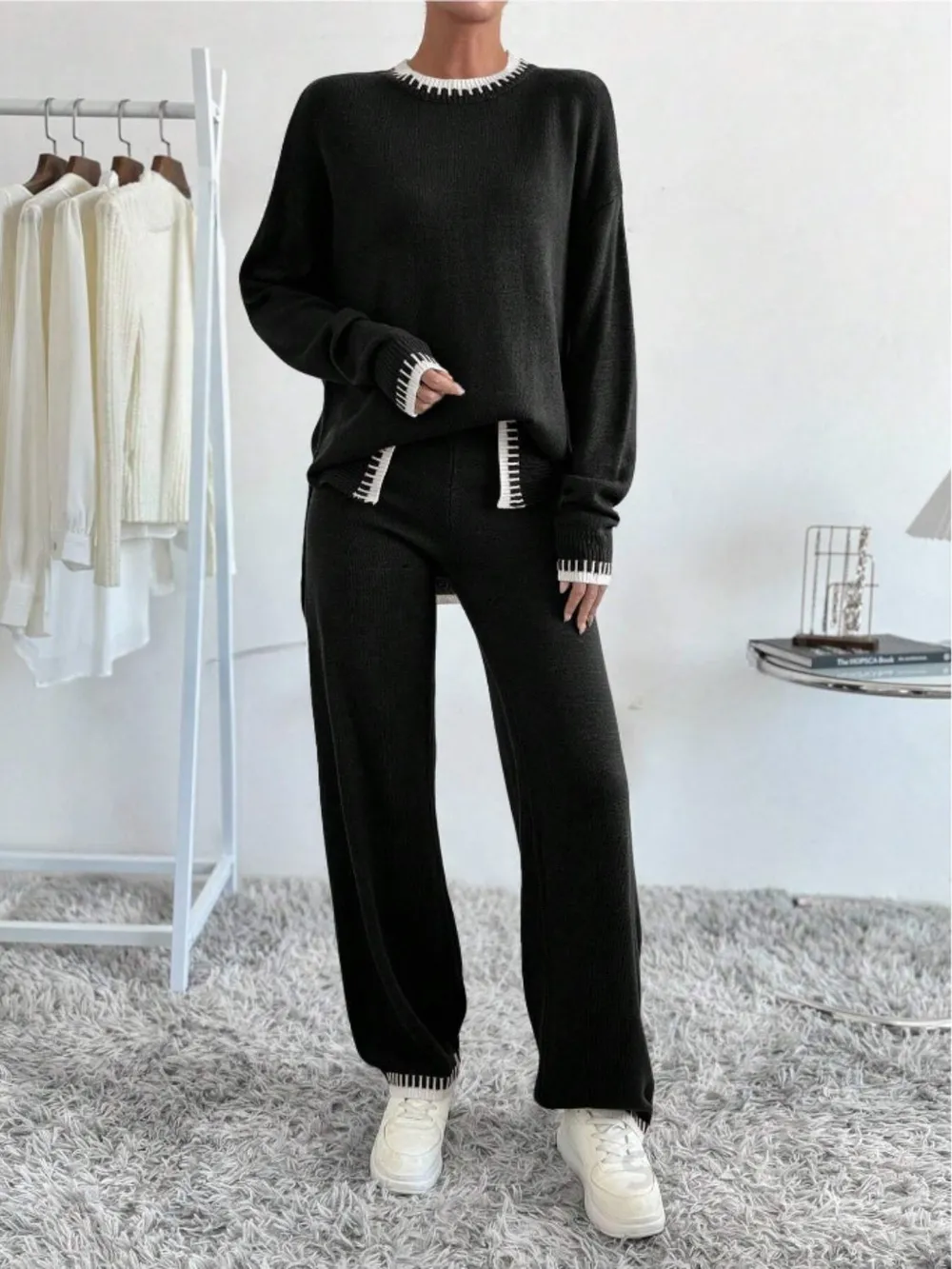 Side Slit Contrast Trim Round Neck Top and Pants Sweater Set, image 4