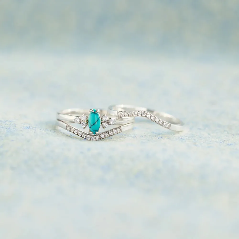 Artificial Turquoise V Shape Inlaid Zircon Ring, image 2