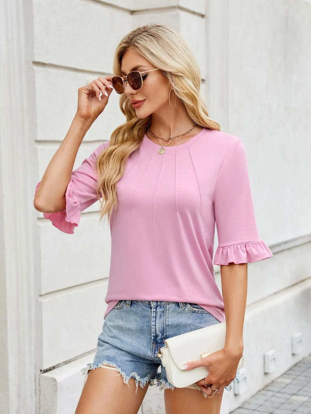 Round Neck Ruffled Half Sleeve T-Shirt, image 3