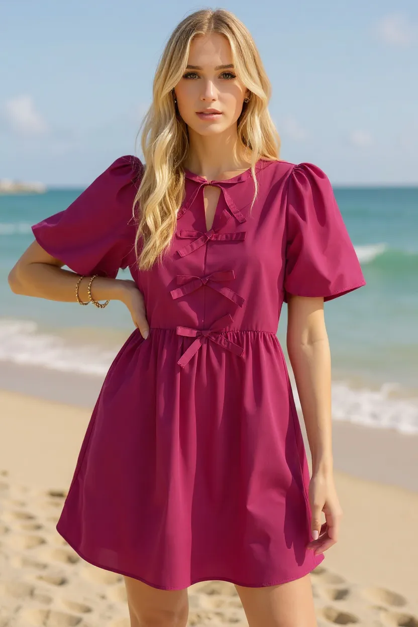 Bow Ruched Puff Sleeve Mini Dress, image 3