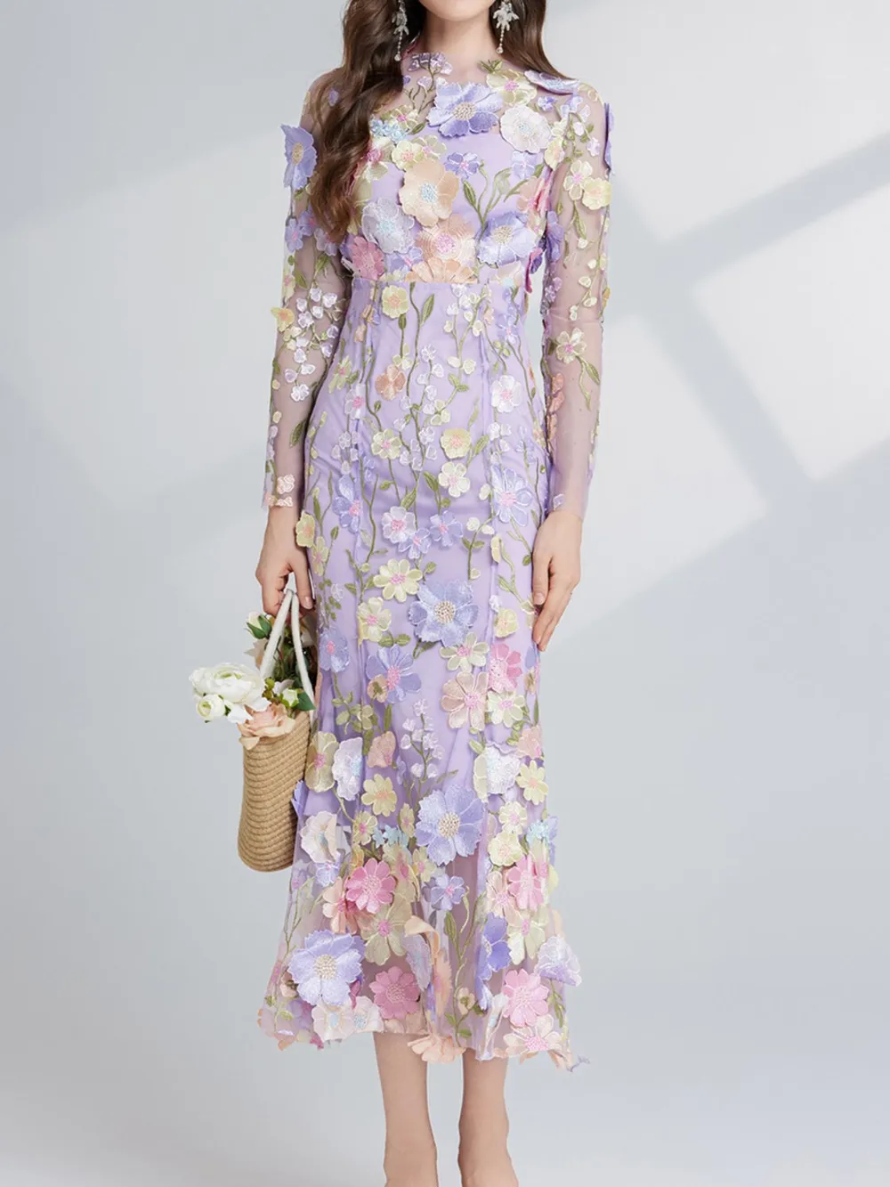 Floral Embroidered Mesh Long Sleeve Midi Dress, image 8