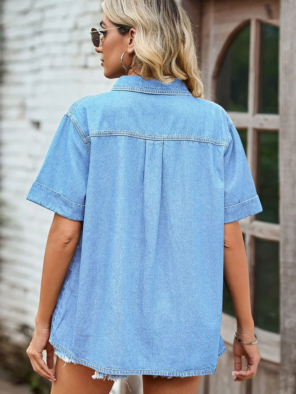 Pocketed Button Up Short Sleeve Denim Shirt, image 4