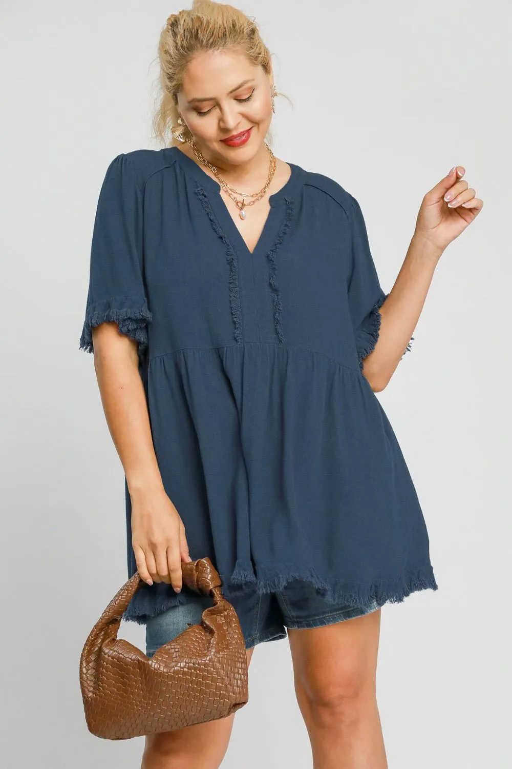 Full Size Raw Hem Notched Babydoll Linen Blouse Plus Size, image 2