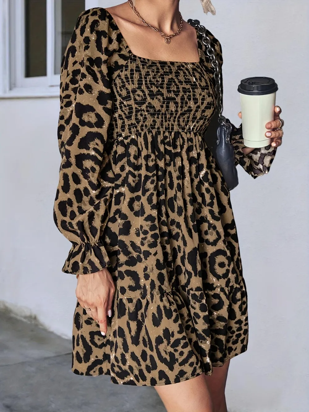 Leopard Smocked Flounce Sleeve Mini Dress, image 6