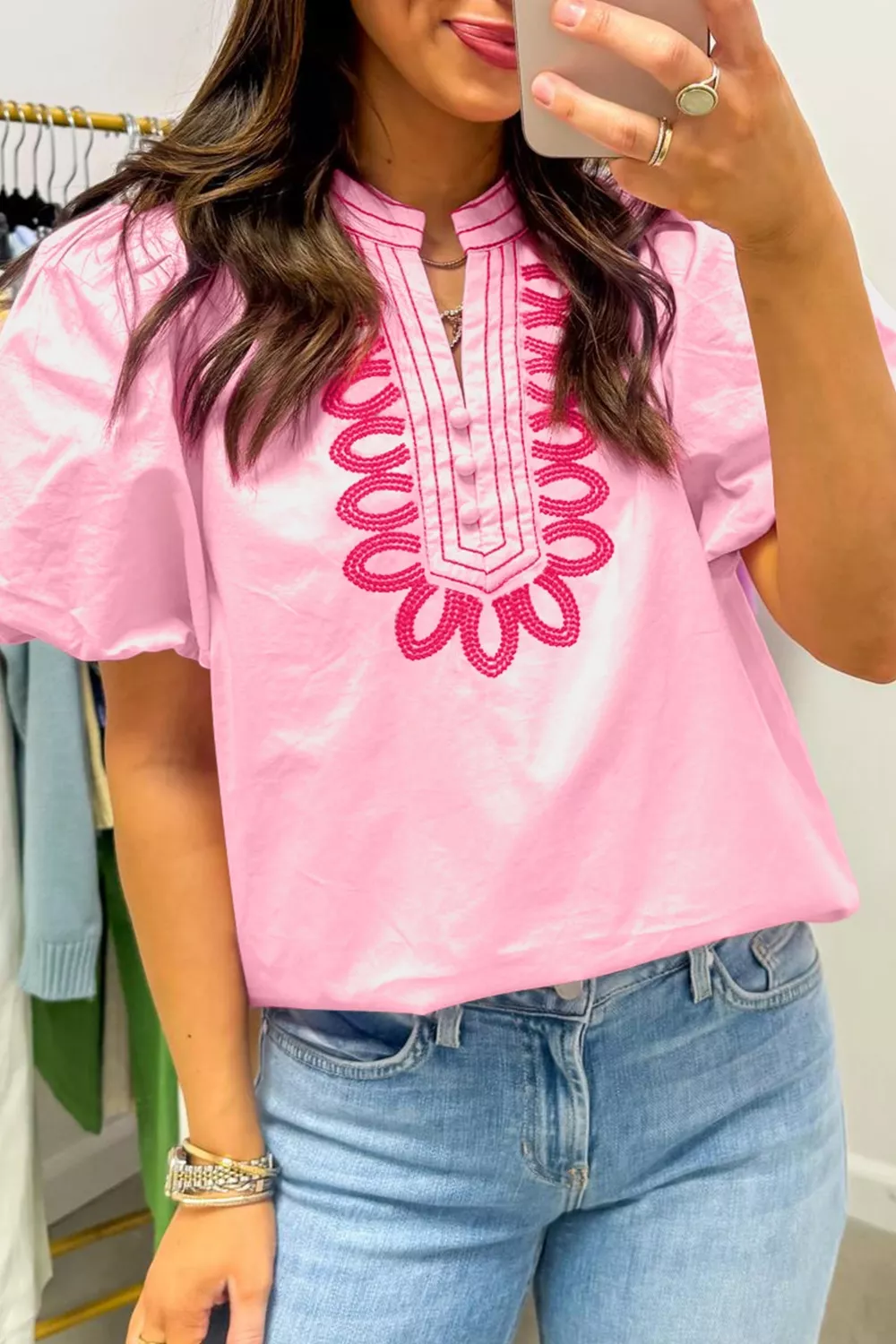 Embroidered Detail Puff Sleeve Cotton Blouse, image 2