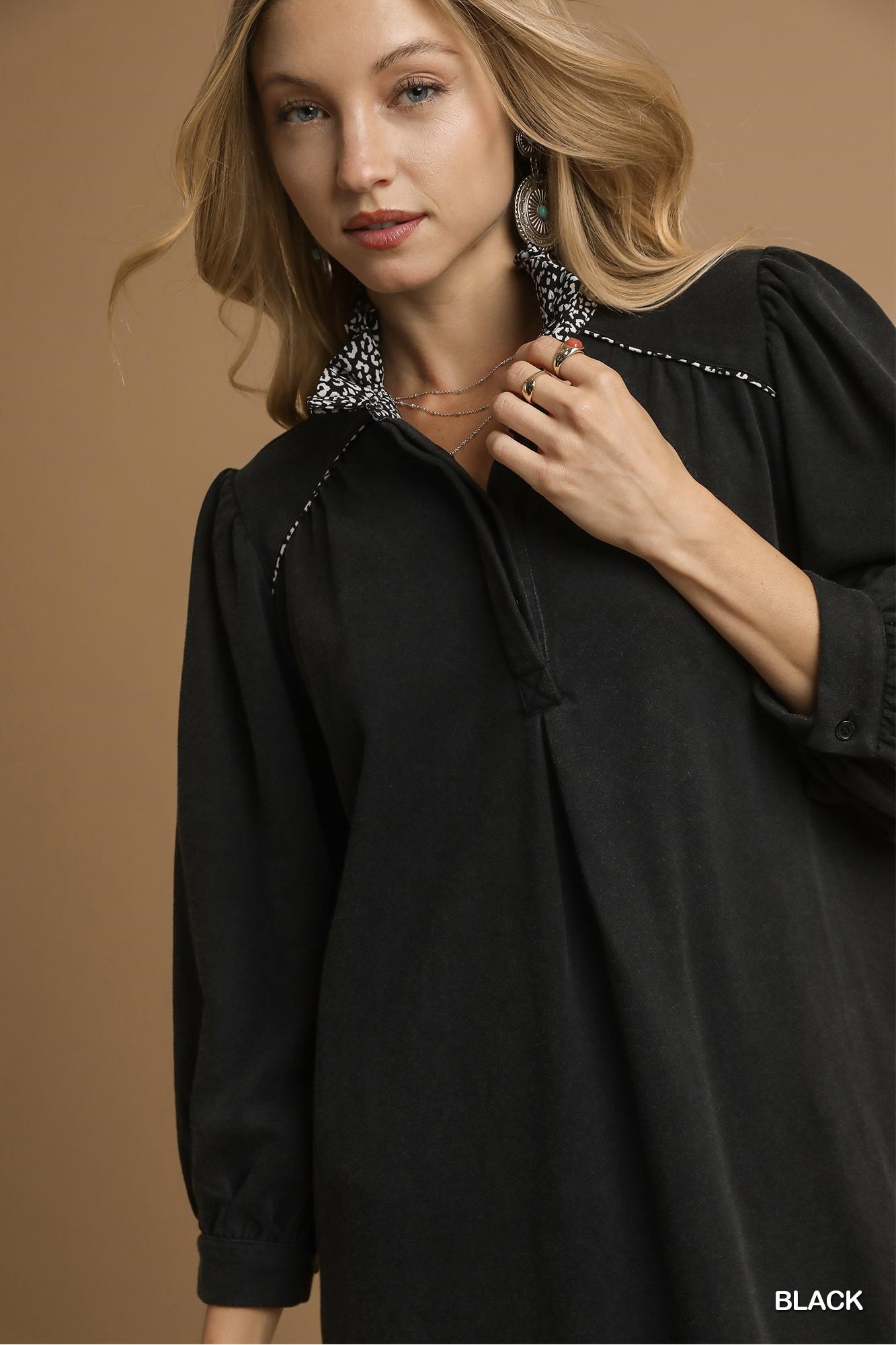 French Terry Balloon Sleeve Shift Dress with Leopard Print Detail, image 3