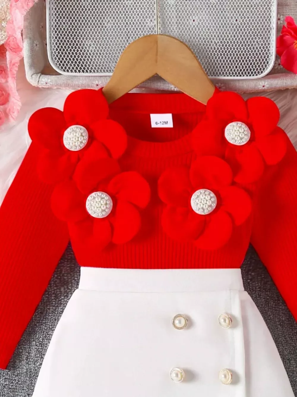 Children's Floral Applique Ribbed Top & Button Decor Skirt Set, image 6