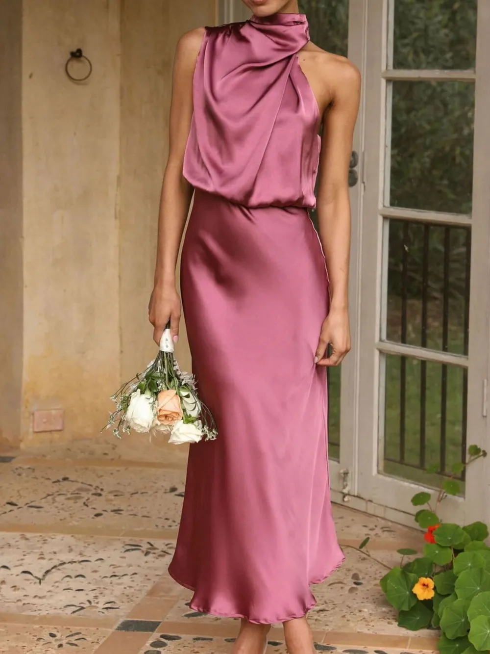 Asymmetrical Ruched Sleeveless Midi Dress, image 5