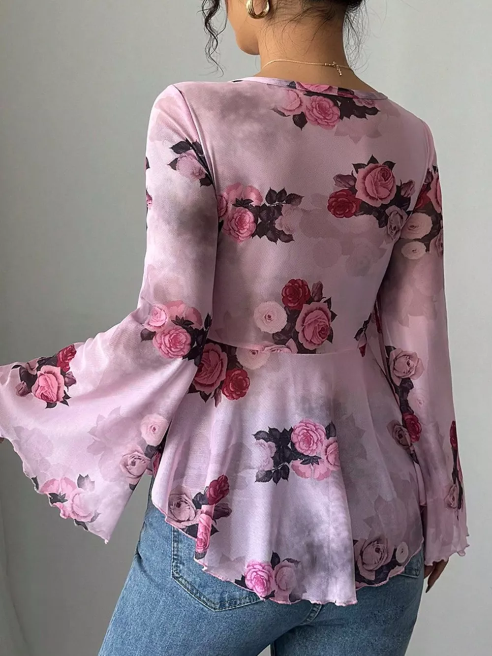 Floral Print Tie Front Flare Sleeve Blouse, image 4