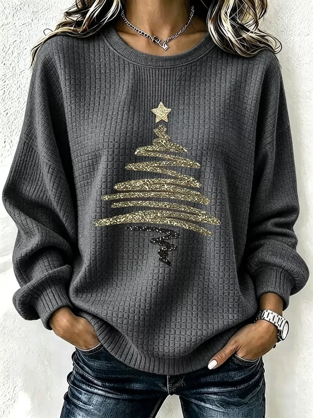 Full Size  Festive Christmas Tree Graphic Ribbed Sweatshirt Plus Size, image 8
