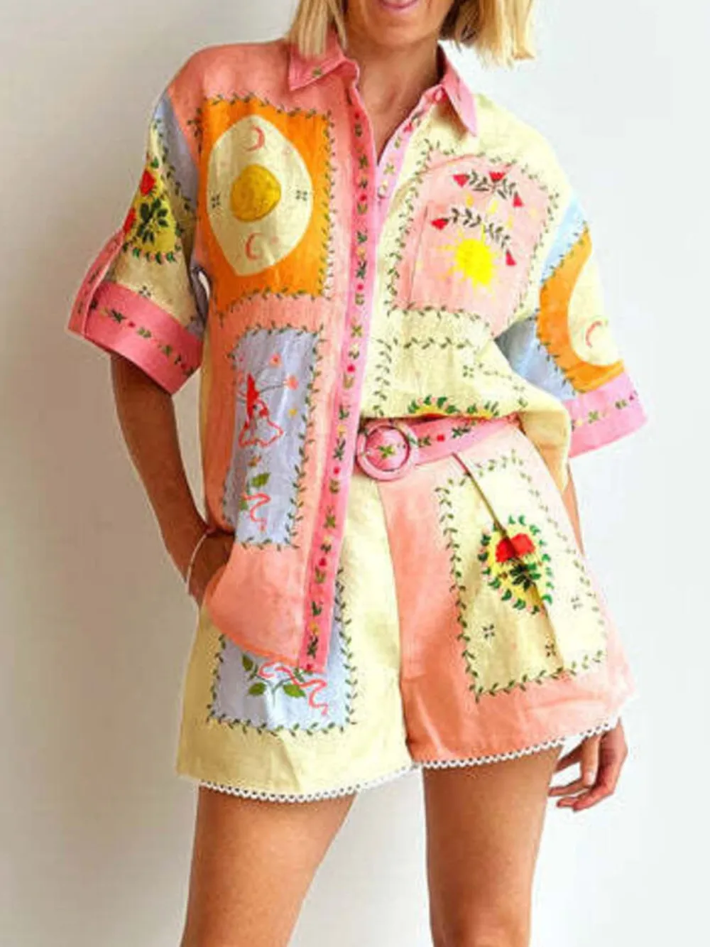 Printed Short Sleeve Shirt and Shorts Set, image 2