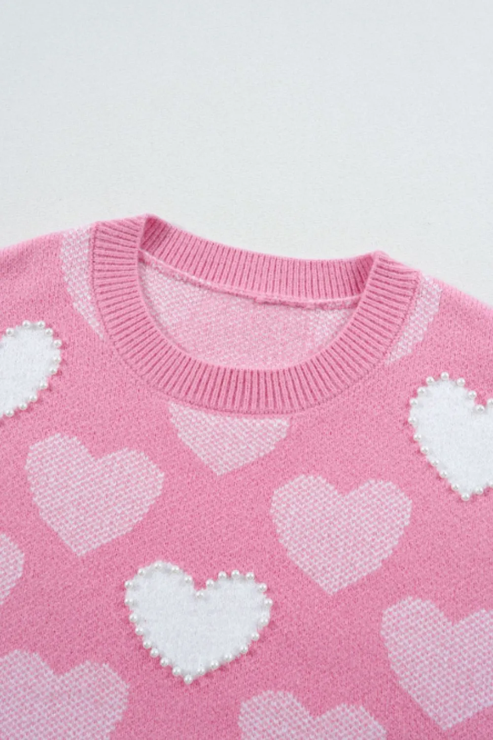 Pearl Trim Heart Round Neck Long Sleeve Sweater, image 4