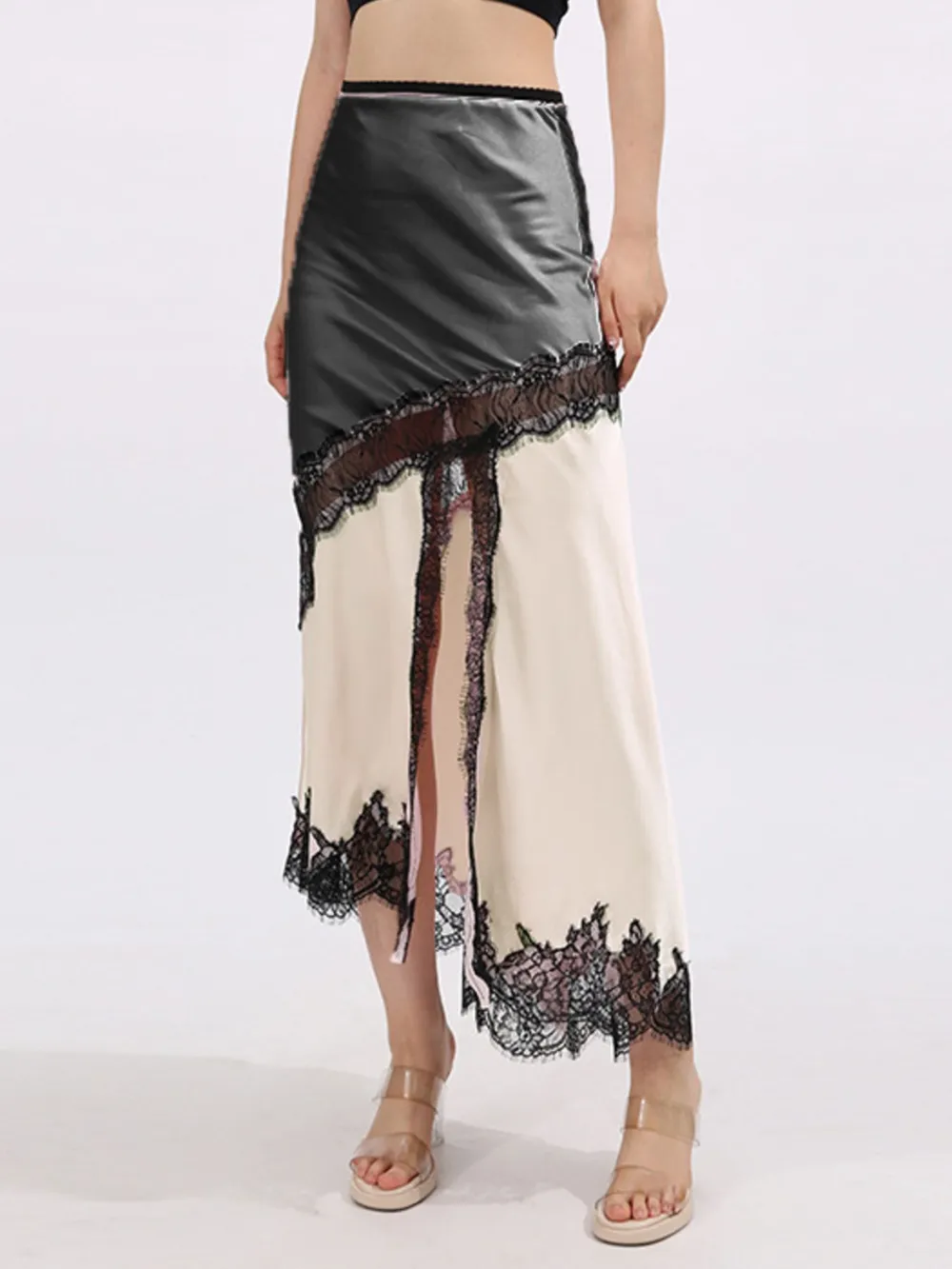 Lace Trim Asymmetrical Midi Skirt, image 3