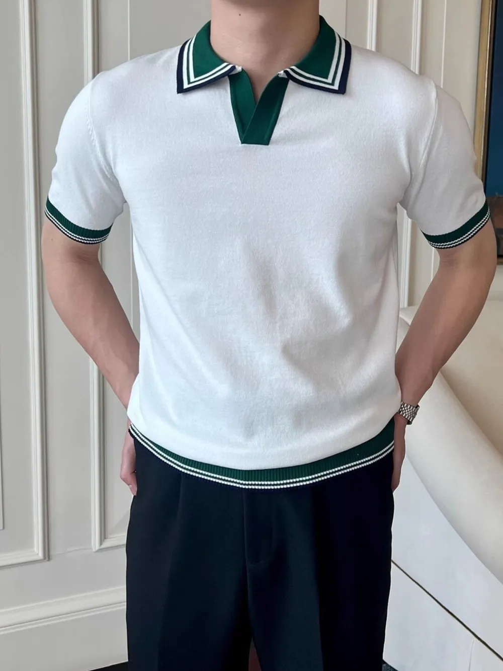 Men's Plus Size Classic Striped Collar Knit Polo Shirt, image 6
