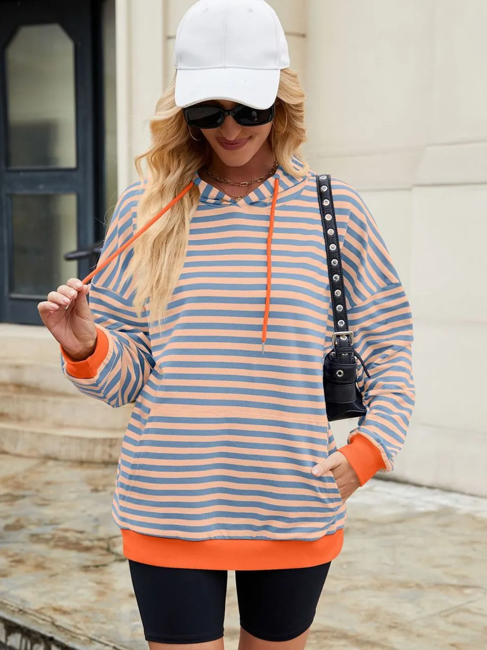 Drawstring Contrast Striped Long Sleeve Hoodie, image 17