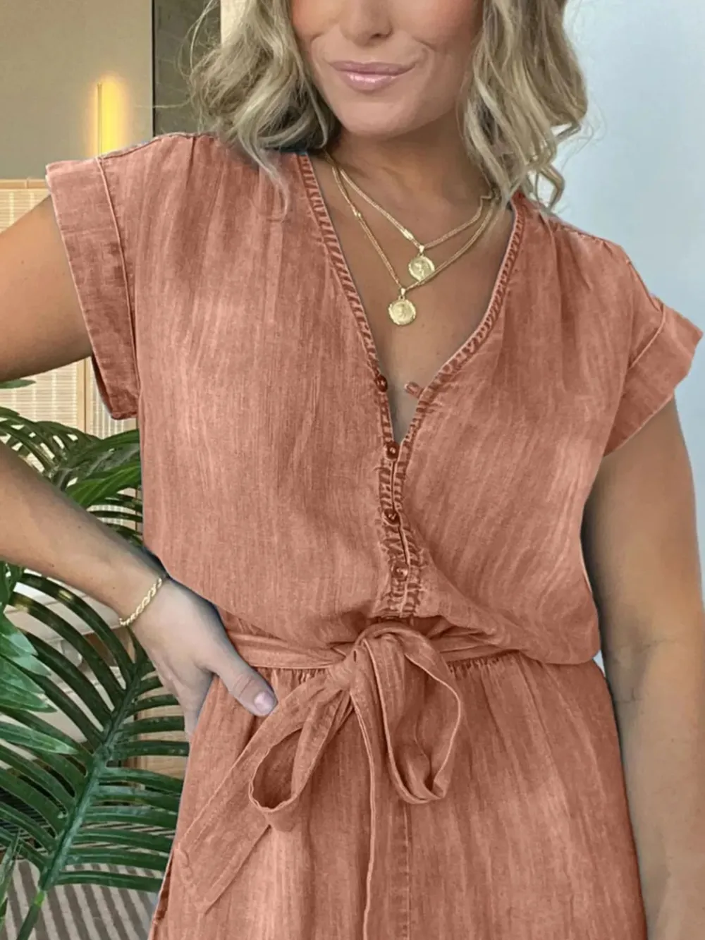 Full Size Tie Waist Cap Sleeve Denim Romper Plus Size, image 4