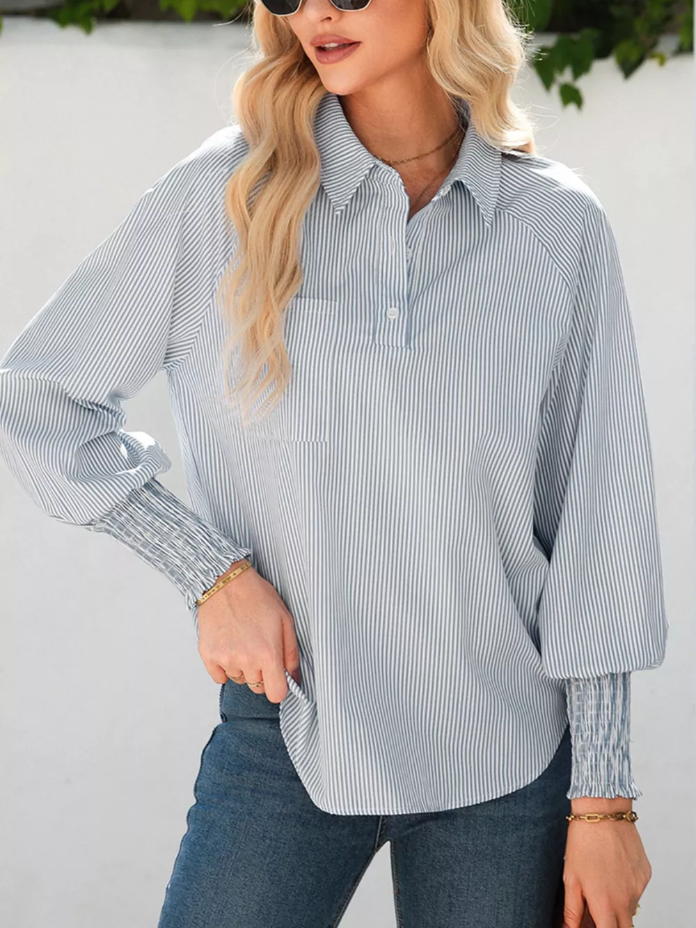Pinstripe Long Sleeve Smocked Cuffs Button Shirt Collar Blouse, image 11
