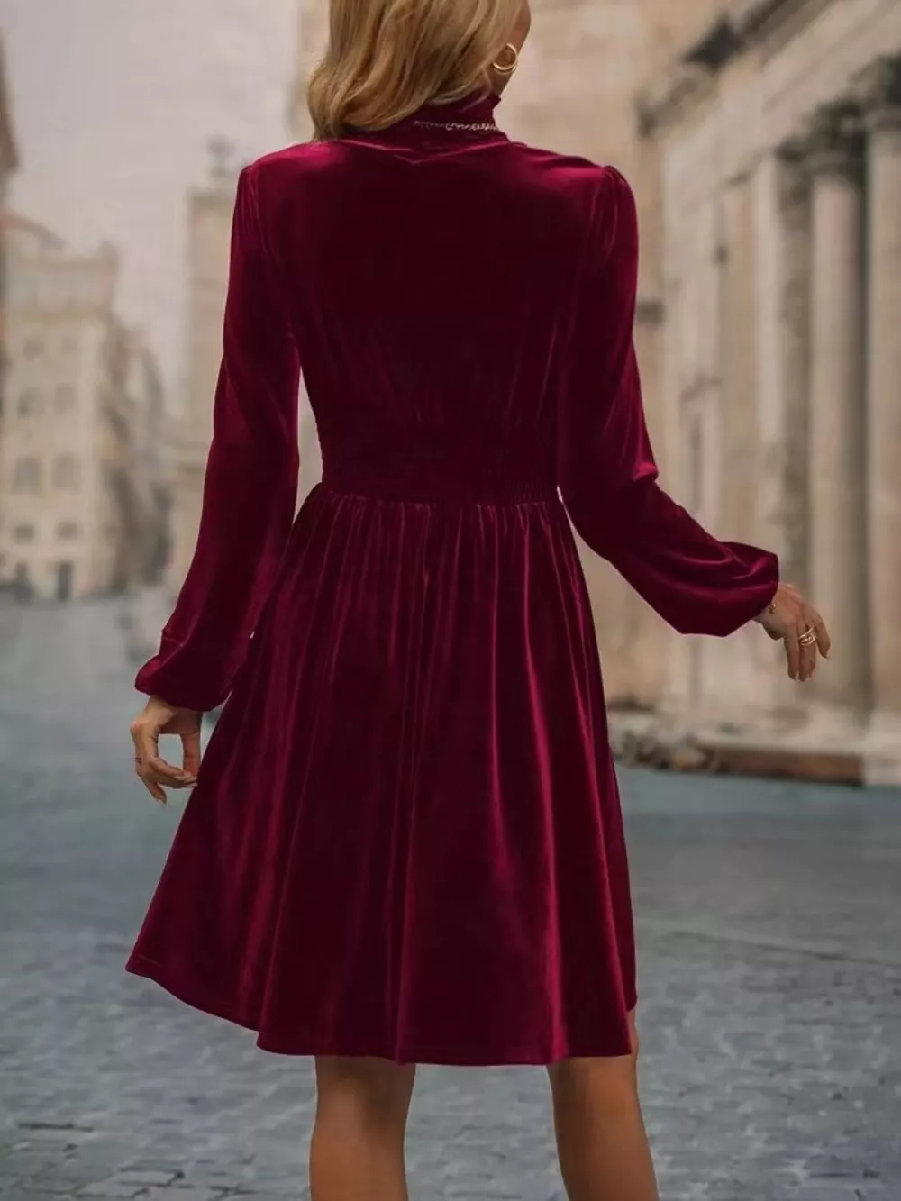 Velvet High Neck Long Sleeve A-Line Dress, image 3