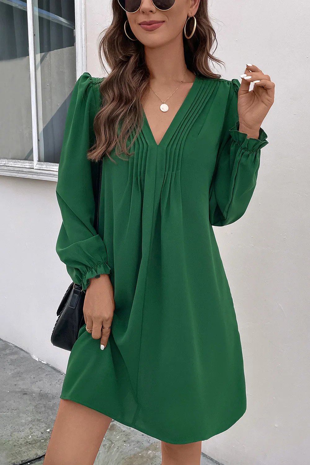 Ruched V-Neck Flounce Sleeve Dress, image 2
