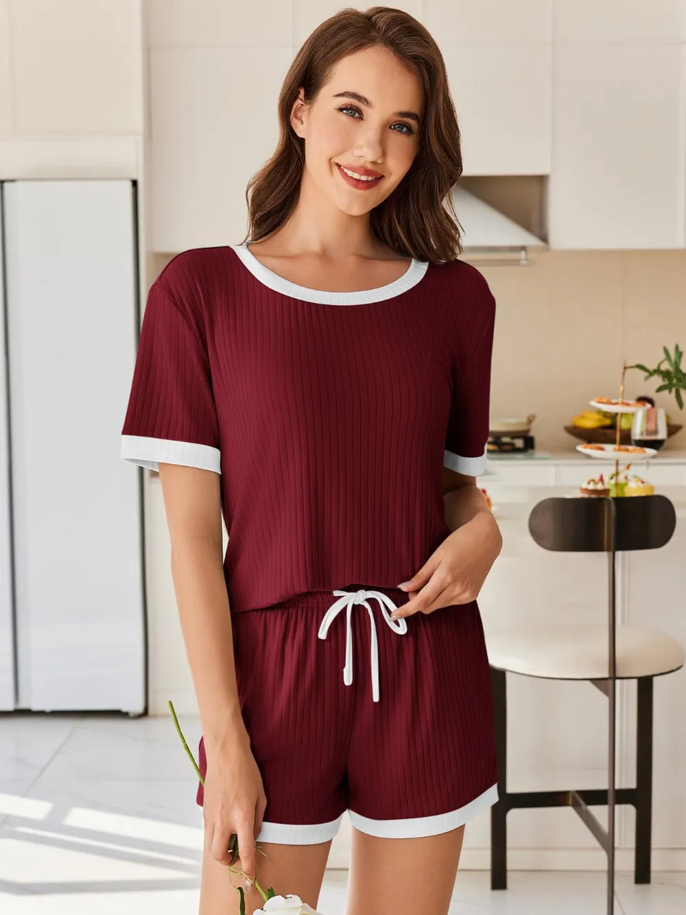 Ribbed Round Neck Top and Shorts Set, image 12
