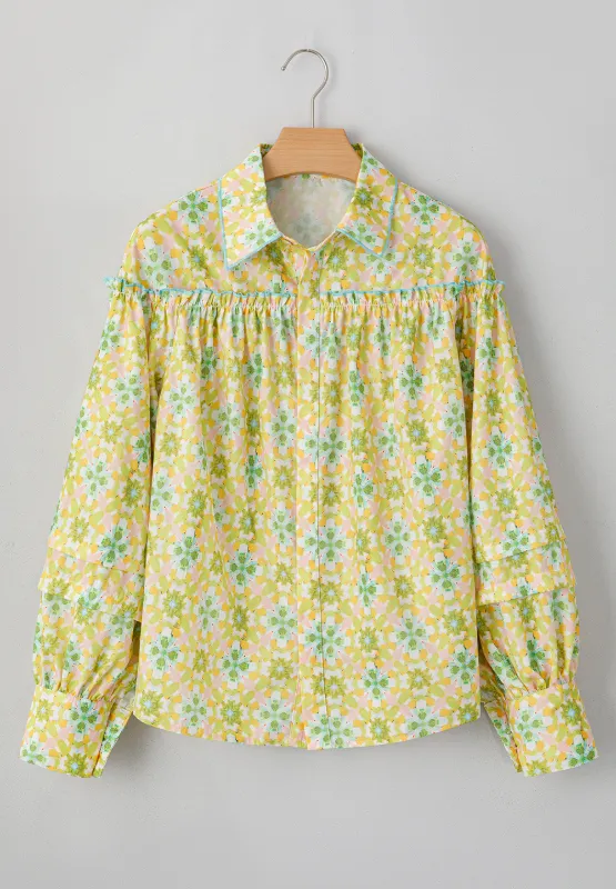 Frill Printed Collared Neck Long Sleeve Blouse, image 3