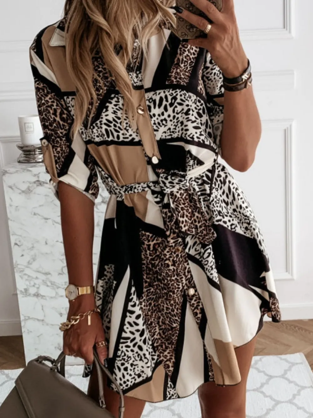 Printed Tie Waist Roll-Tab Sleeve Mini Dress, image 2