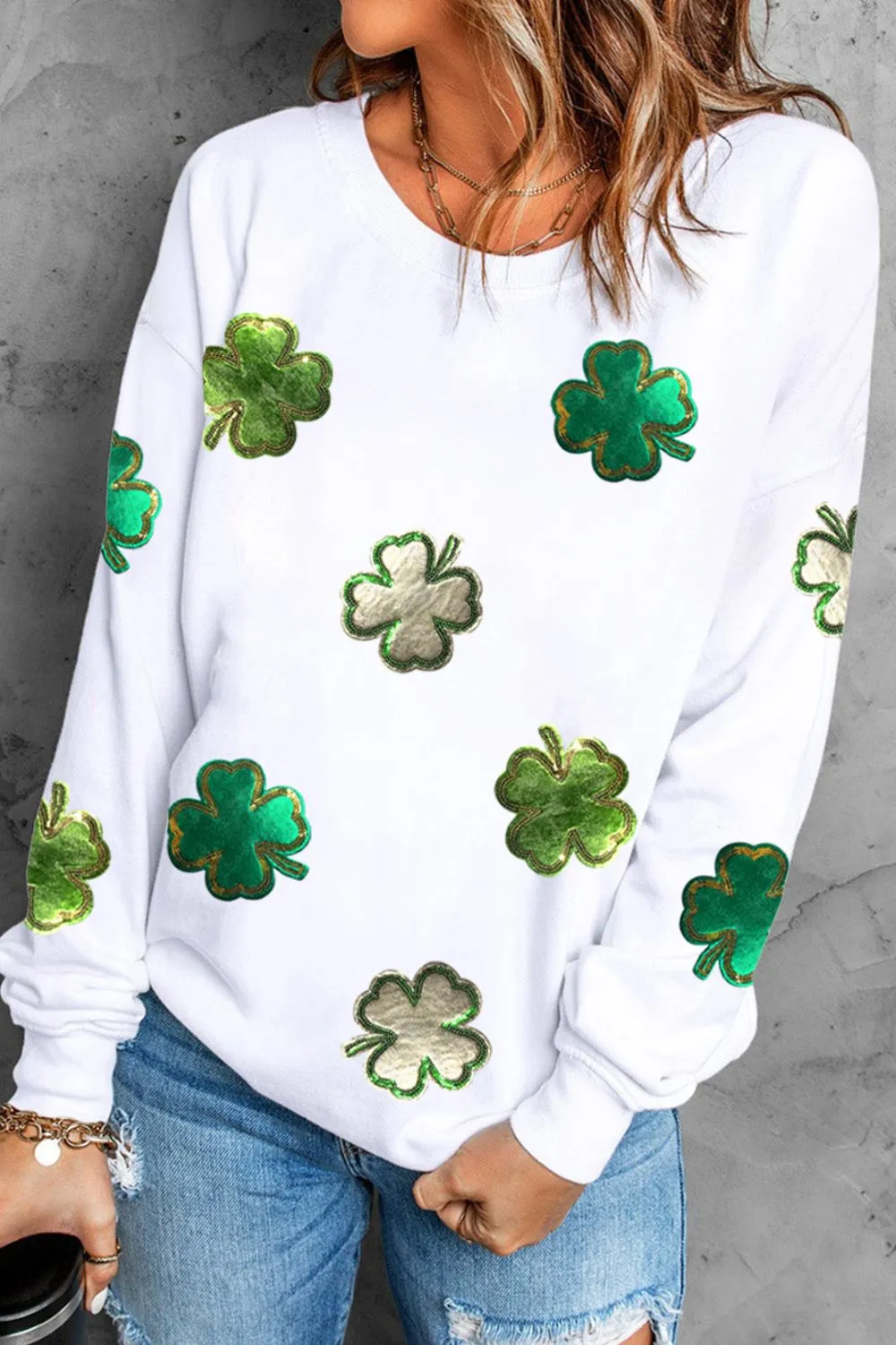 Lucky Clover Round Neck Long Sleeve Sweatshirt, image 3
